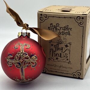 Glass Ornament Cross Red Glory Haus Brushfire Designs Curly Cross NIB